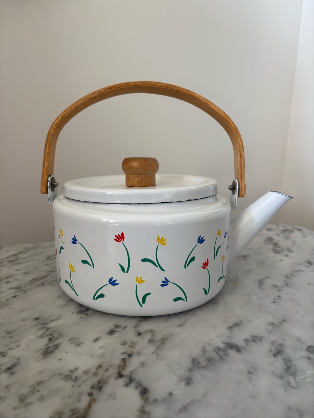 White Floral Enamel Teapot with Wooden Handle